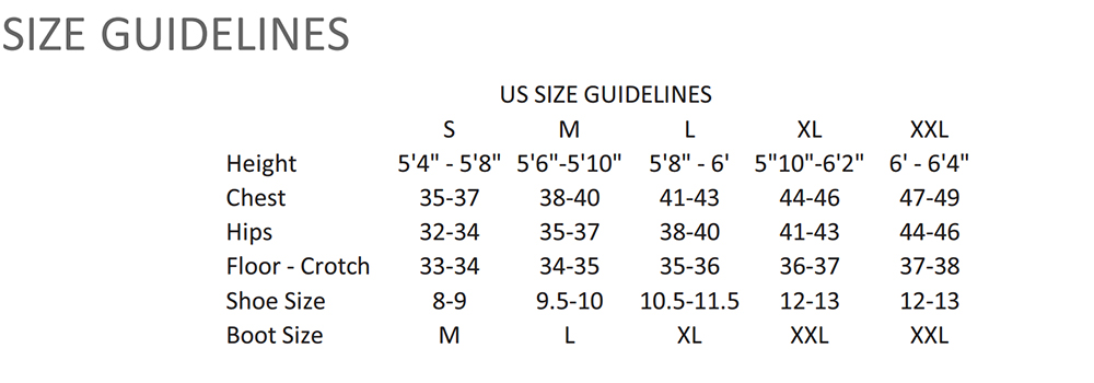 Male Size Chart for Closeout OMS San Diego Drysuit