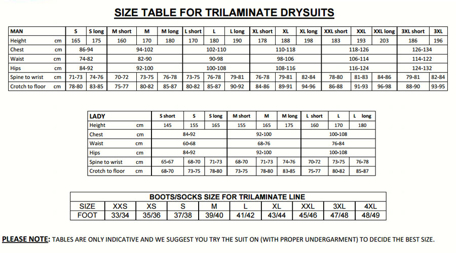 Male Size Chart for USED Trilaminate RS450k Drysuit XLS Blue