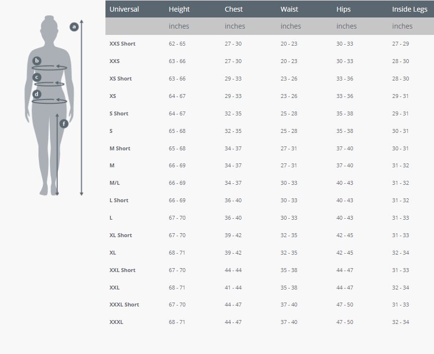 Female Size Chart for Thermocline Short Sleeve Top-Discontinued