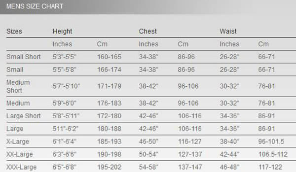 Male Size Chart for Mens Thermocline Full Suit